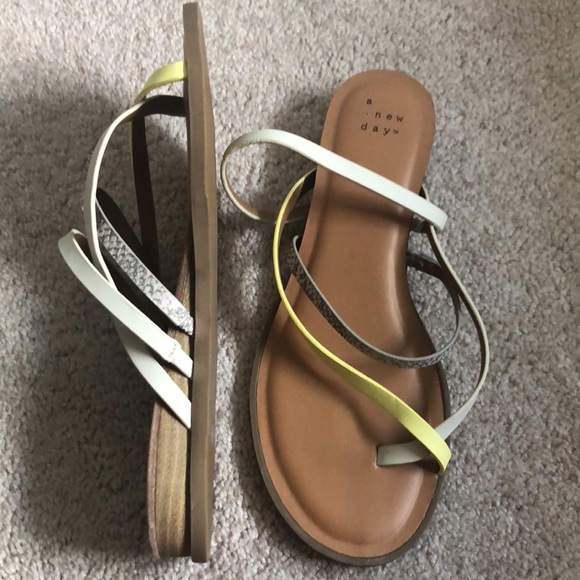 Neon yellow, tan and snakeskin 1 inch heal sandal - Picture 2 of 4